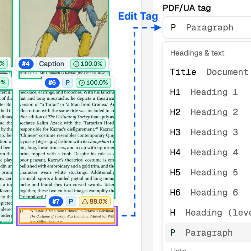 The PDF/UA tag picker open beside a tagged page: the selected region is set to P (Paragraph), with Title and Heading 1 through 6 available to assign instead.